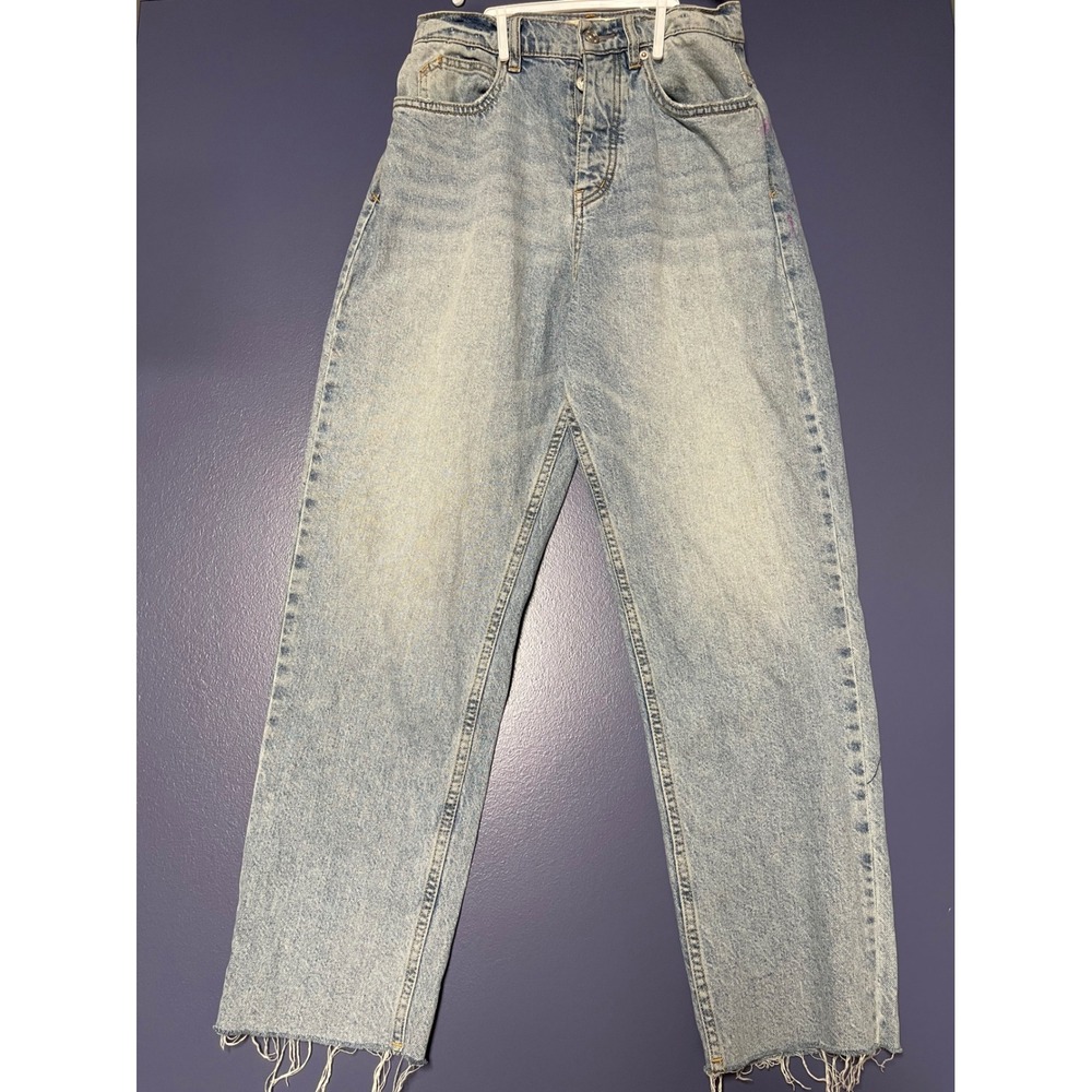 We The Free Free People CRVY High Rise Straight Leg Jeans Light Wash Raw Hem 28